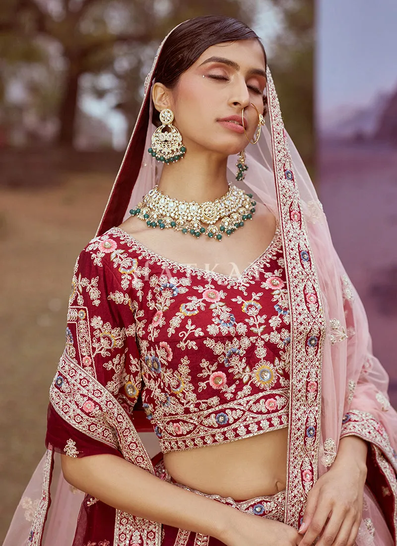 Maroon Multi Embroidered Bridal Lehenga Choli