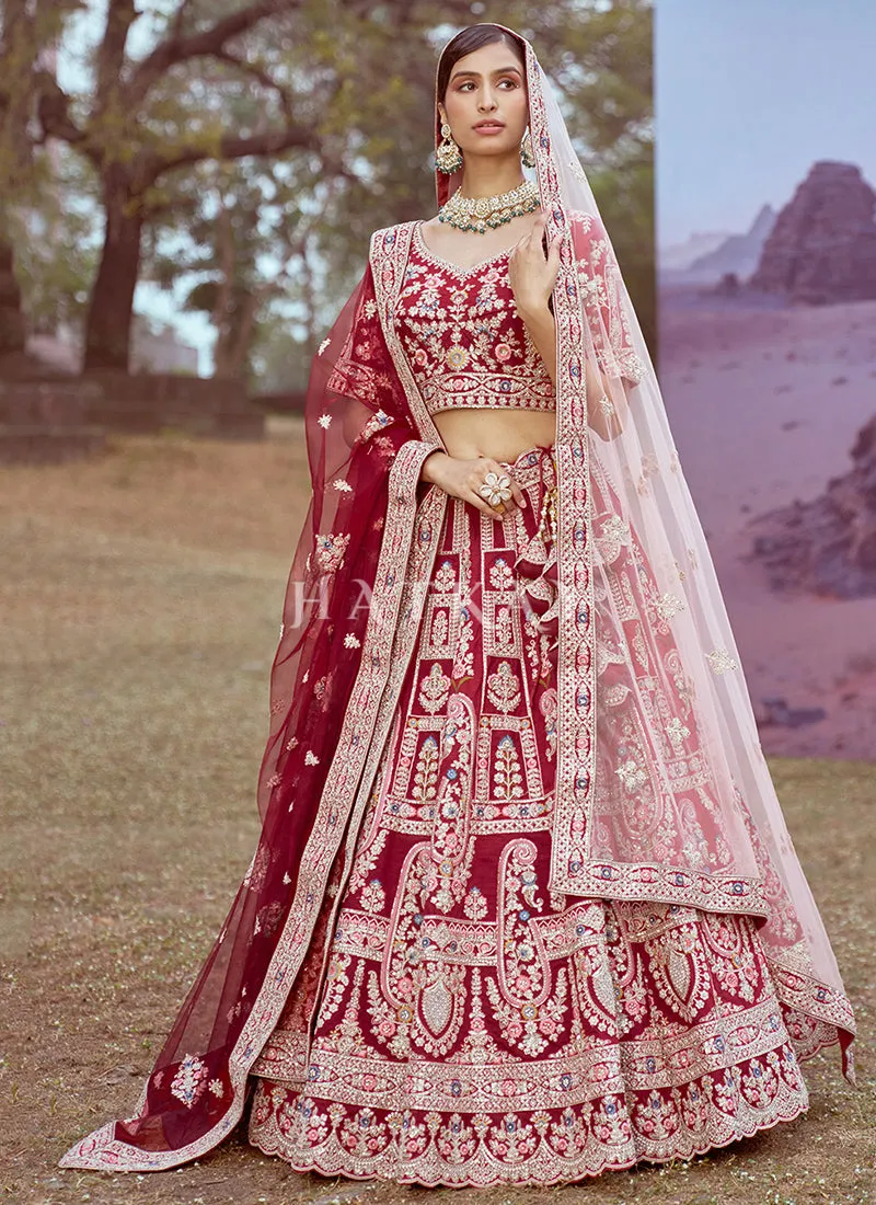 Maroon Multi Embroidered Bridal Lehenga Choli