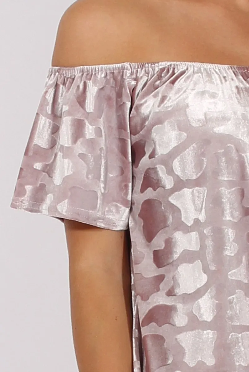Mauve Crushed Velvet Dipped Hem Bardot Top - Eva