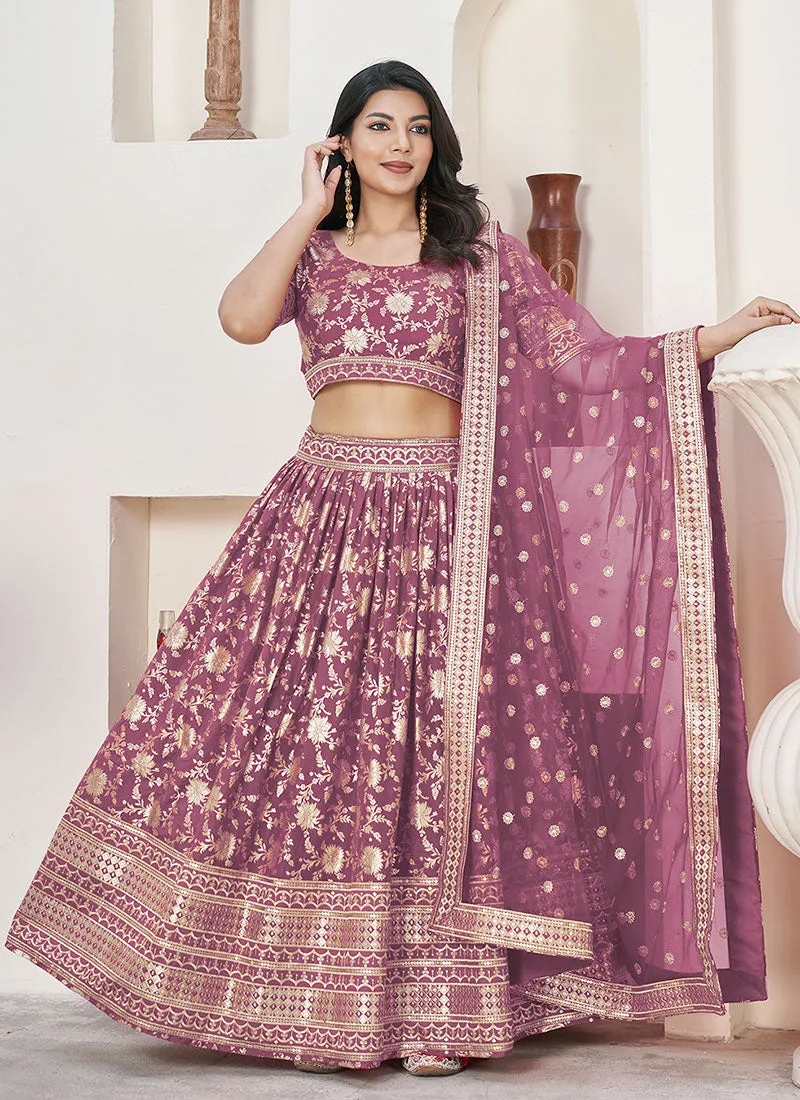 Mauve Purple Sequence Embroidery Jacquard Lehenga Choli