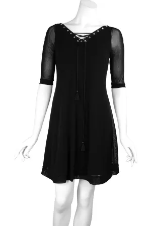 MAXIMA Grommets and Ribbon 3/4 Sleeves Black A-Line Trapeze Dress