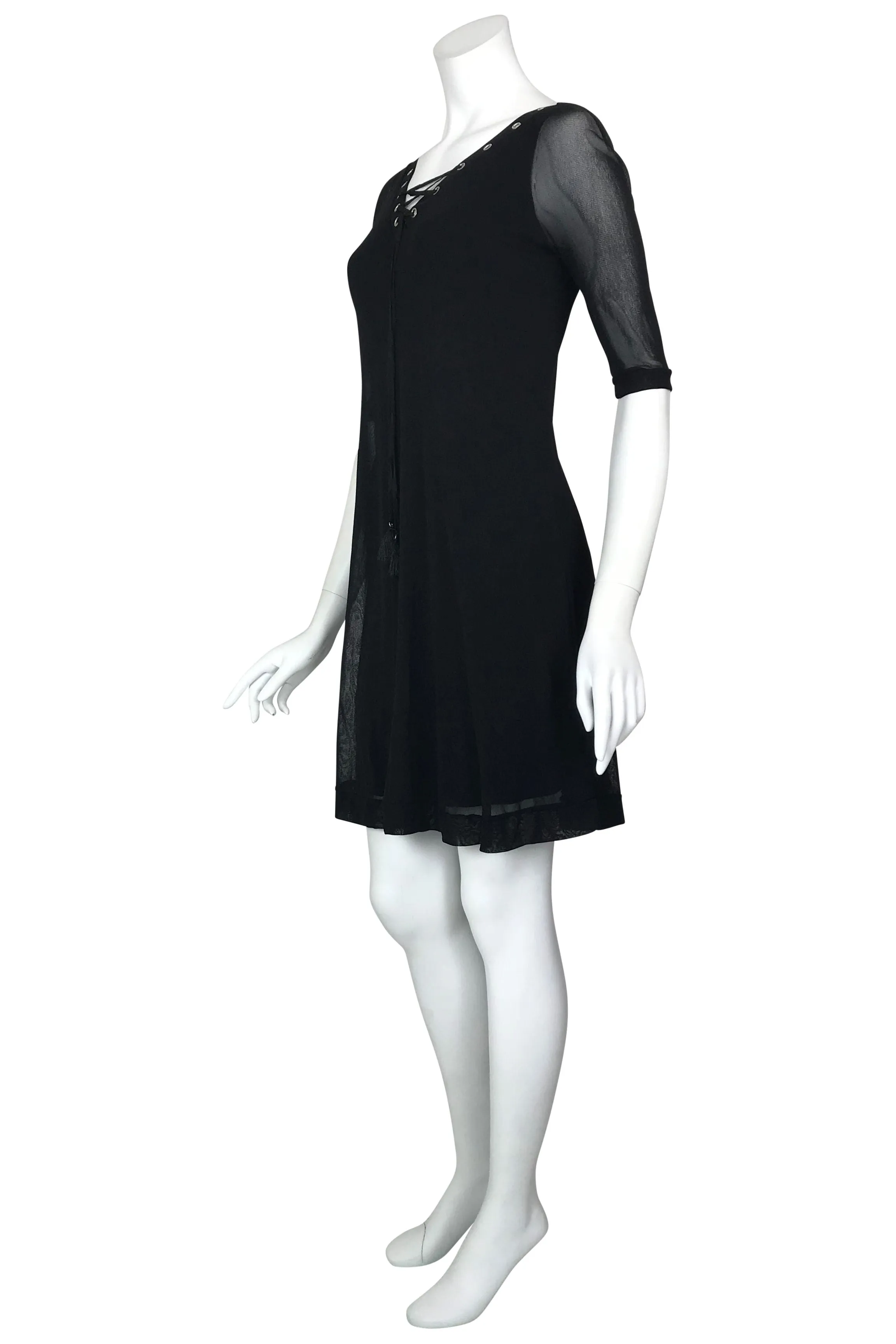 MAXIMA Grommets and Ribbon 3/4 Sleeves Black A-Line Trapeze Dress