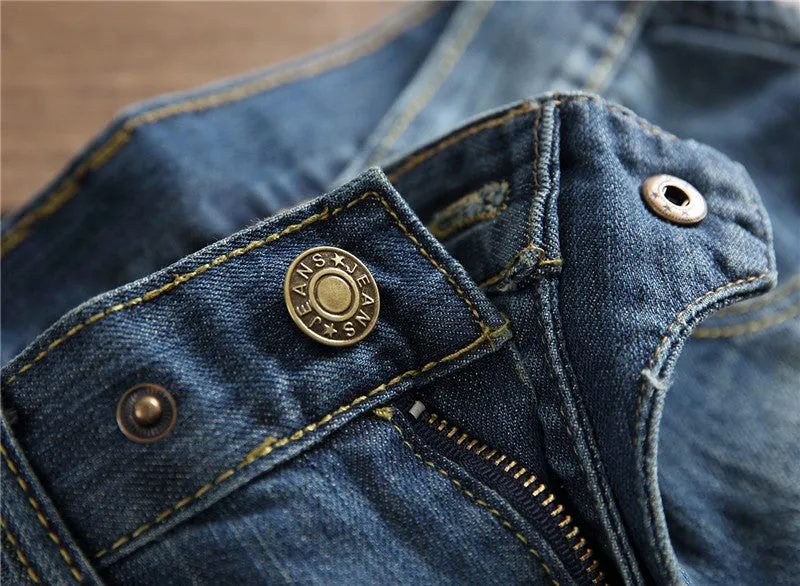Men's Mid Waist Straight Pants Motorcycle Nostalgic Jeans