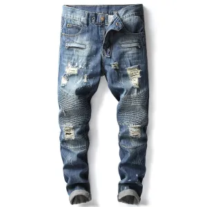 Men's Mid Waist Straight Pants Motorcycle Nostalgic Jeans