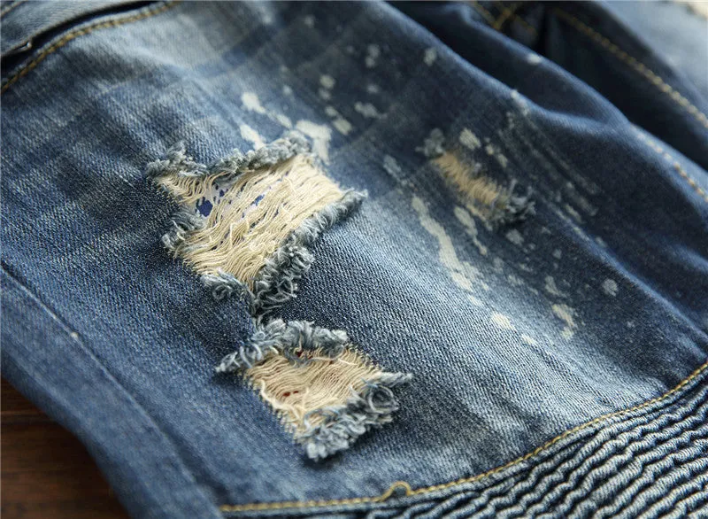 Men's Mid Waist Straight Pants Motorcycle Nostalgic Jeans