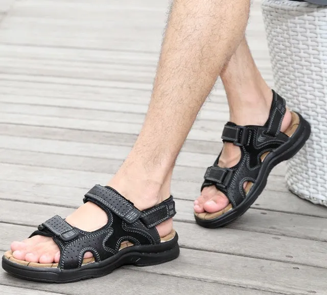 Men'S Sandals Leather Toe Platform Top Layer Cowhide Outdoor Casual Sandals