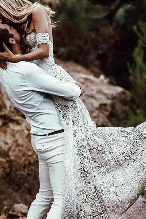 Mermaid Lace Sweetheart Elegant Bridal Long Wedding Dresses, Boho Bridal Dress Bridal Gown OVR100