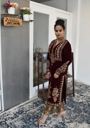 Mesmerizing hand-embroidered Party-wear maroon-colored straight kurta with a trouser