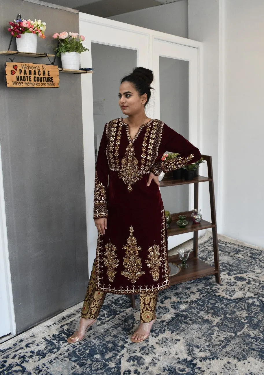 Mesmerizing hand-embroidered Party-wear maroon-colored straight kurta with a trouser