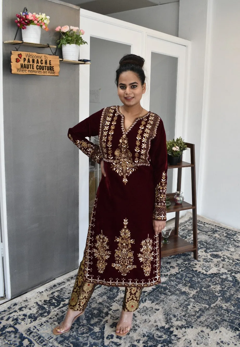 Mesmerizing hand-embroidered Party-wear maroon-colored straight kurta with a trouser