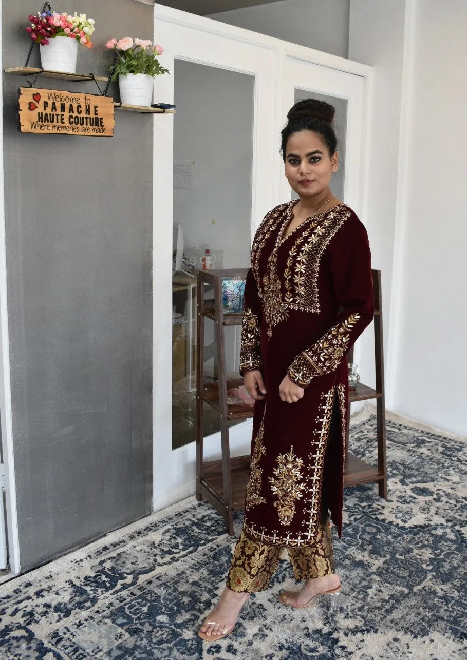 Mesmerizing hand-embroidered Party-wear maroon-colored straight kurta with a trouser