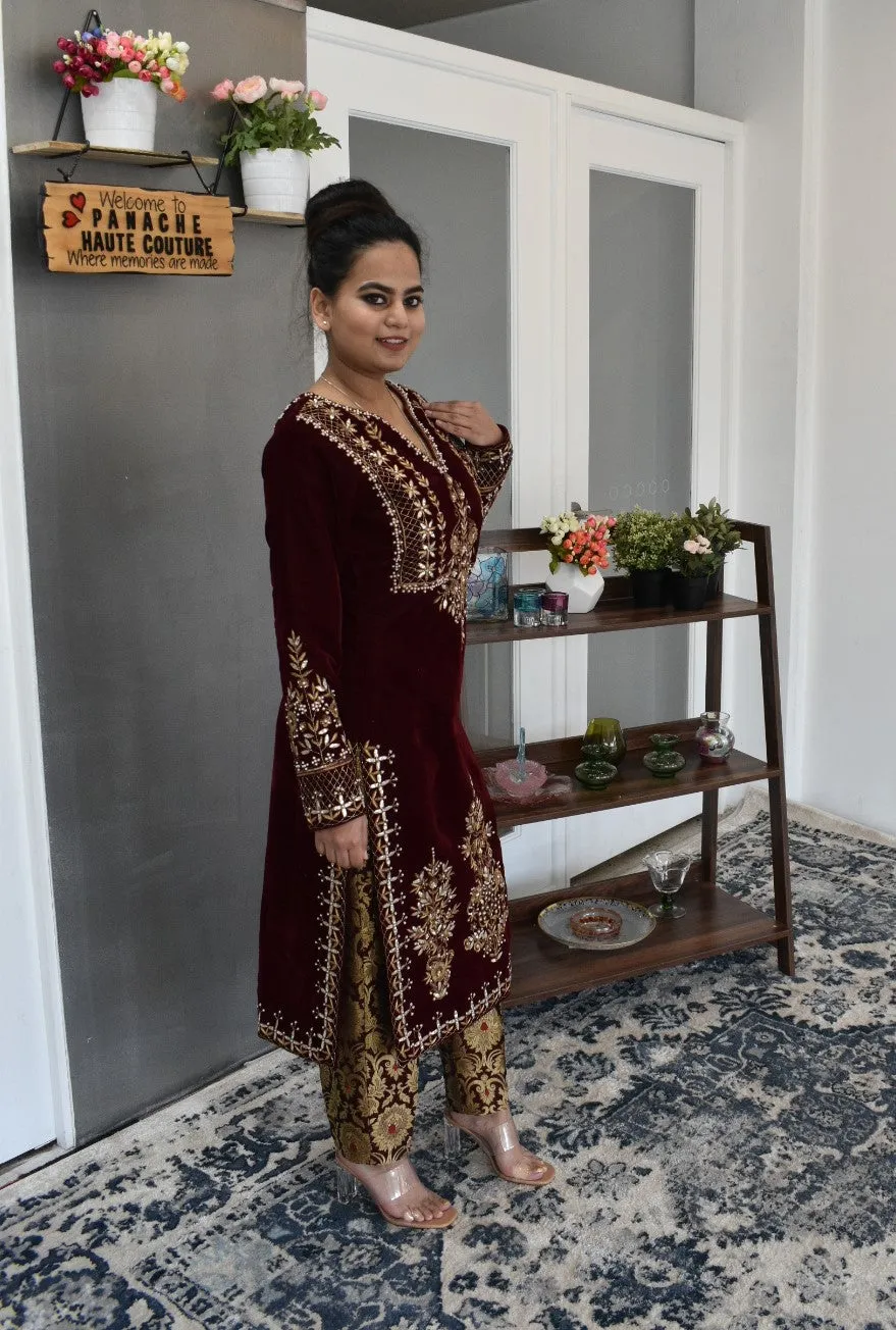 Mesmerizing hand-embroidered Party-wear maroon-colored straight kurta with a trouser
