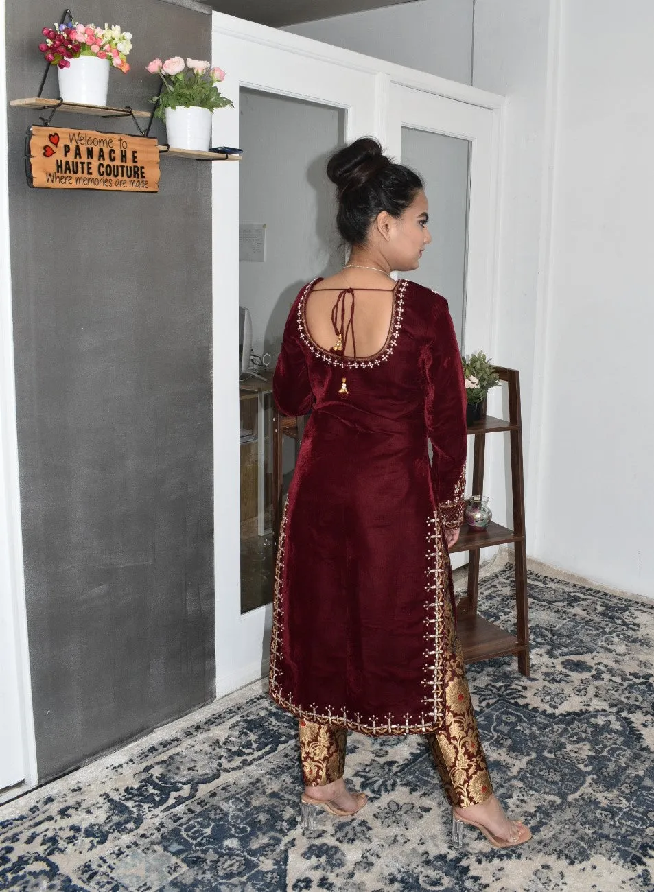 Mesmerizing hand-embroidered Party-wear maroon-colored straight kurta with a trouser