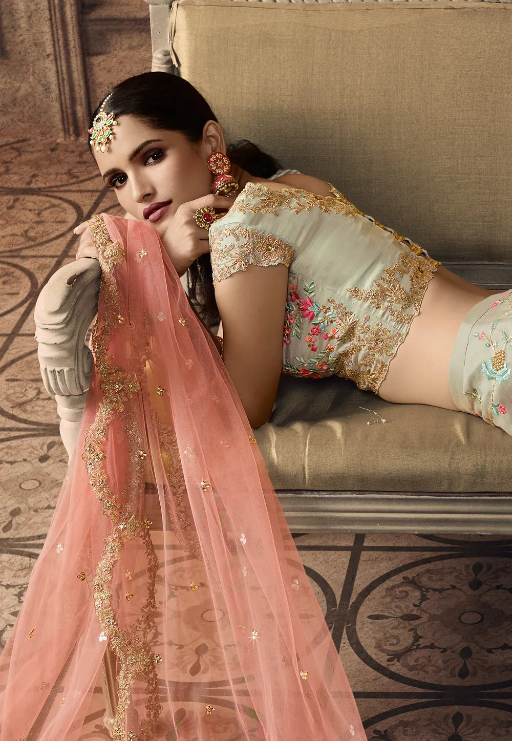 Mint Green And Peach Floral Wedding Lehenga Set
