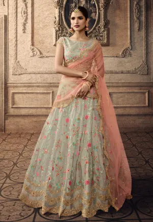 Mint Green And Peach Floral Wedding Lehenga Set