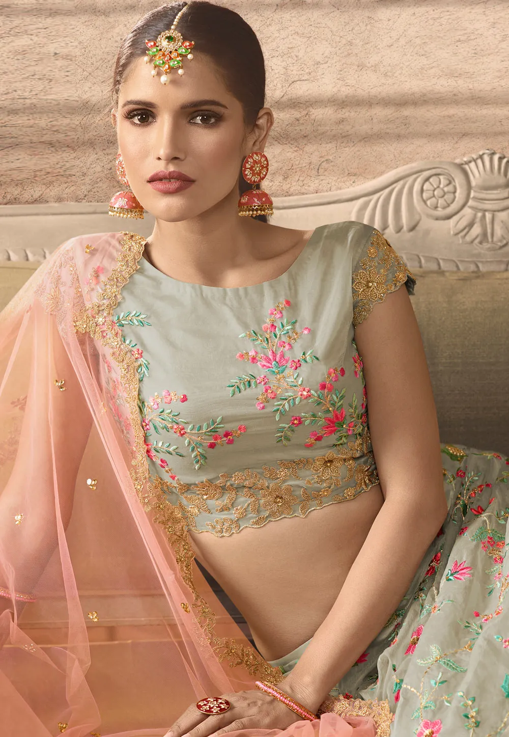 Mint Green And Peach Floral Wedding Lehenga Set