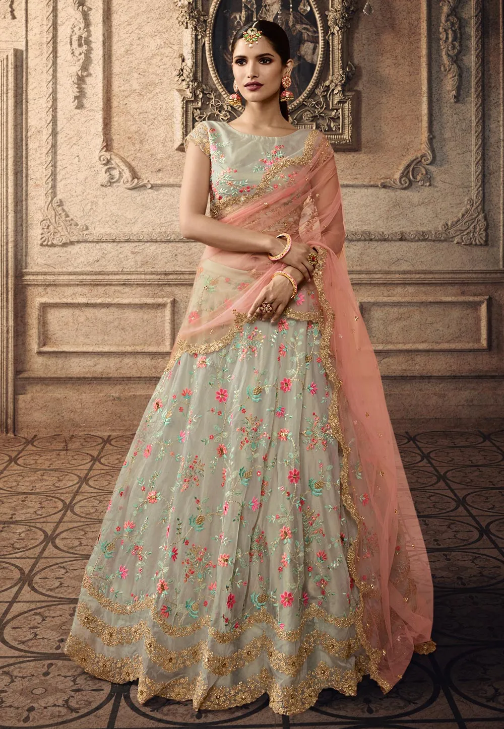 Mint Green And Peach Floral Wedding Lehenga Set