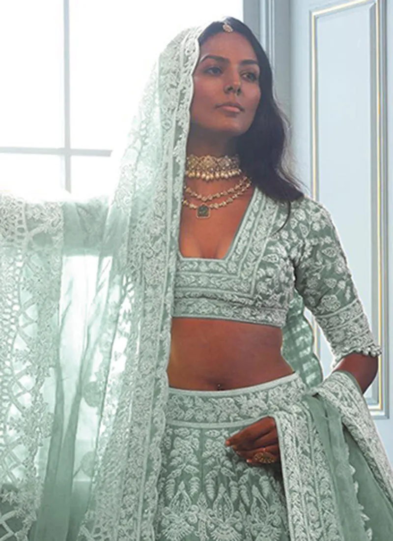 Mint Green Cording Embroidery Wedding Lehenga Choli And Dupatta
