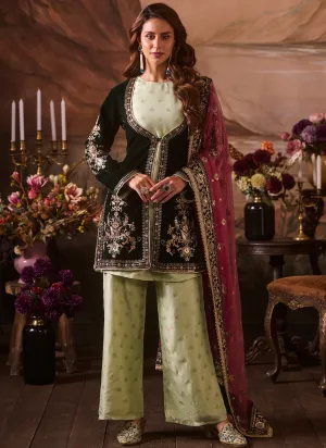 Mint Green Embroidered Velvet Pant Suit With Jacket