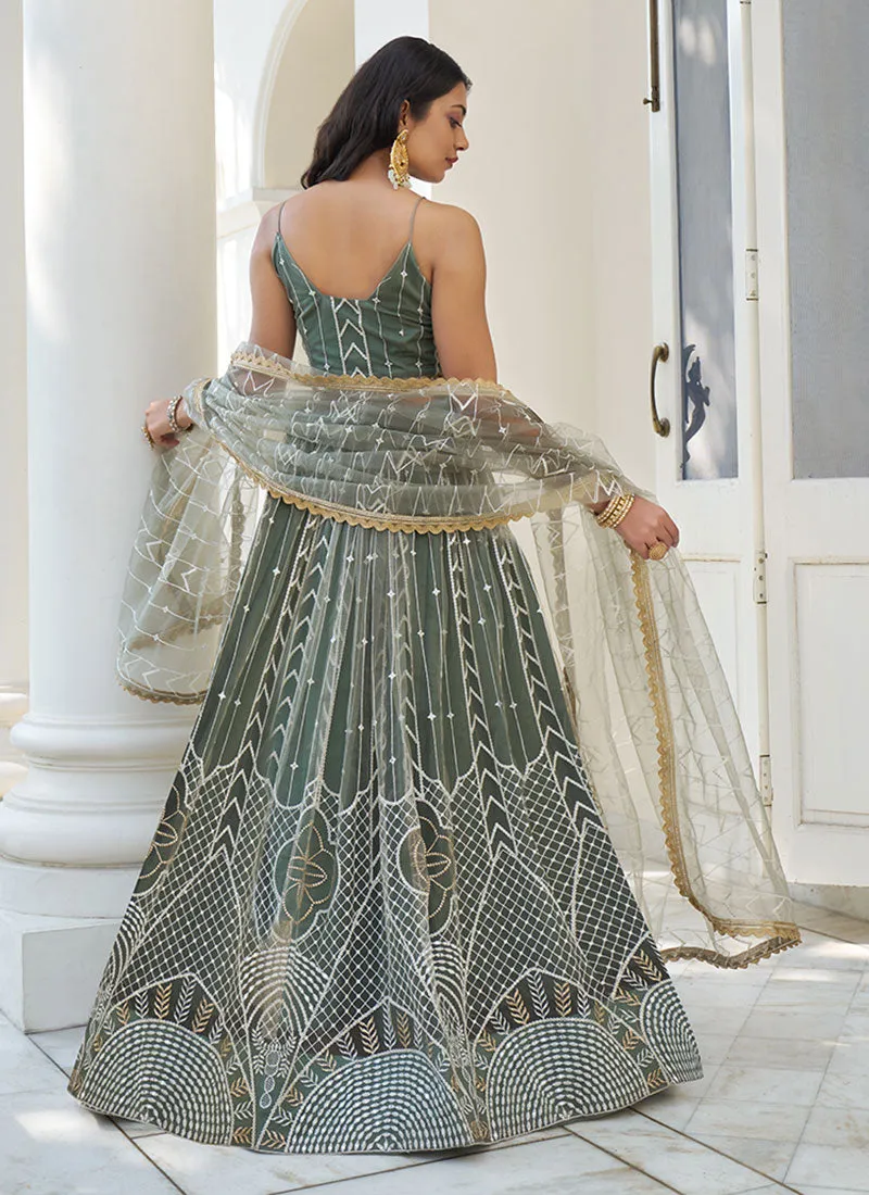 Mint Green Thread Embroidery Wedding Lehenga Choli And Dupatta