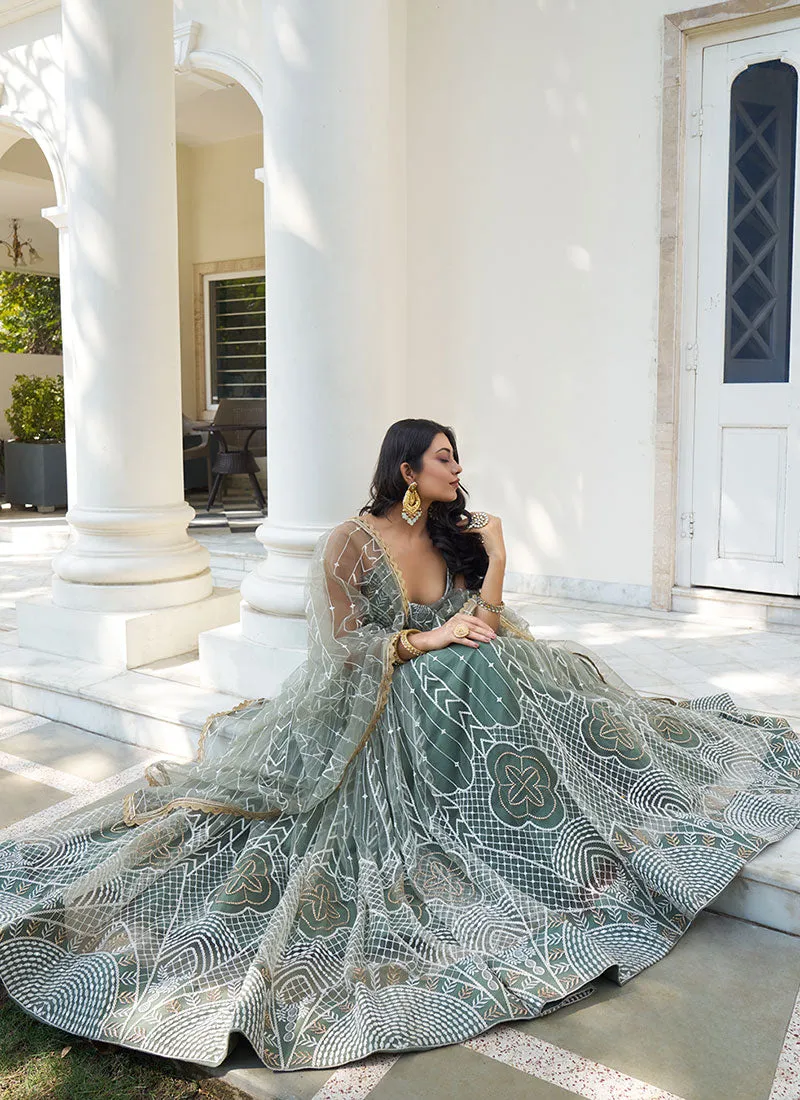 Mint Green Thread Embroidery Wedding Lehenga Choli And Dupatta