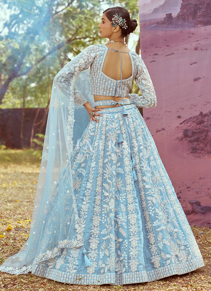 Mist Blue Traditional Embroidery Bridal Lehenga Choli