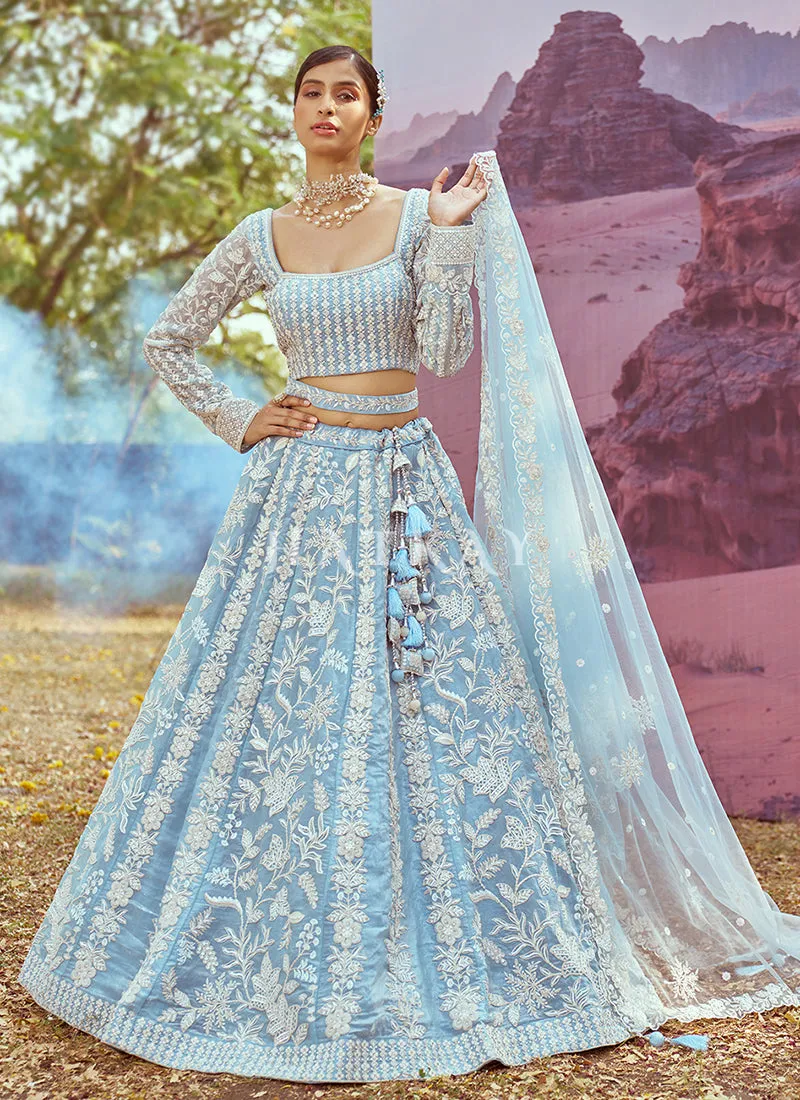 Mist Blue Traditional Embroidery Bridal Lehenga Choli