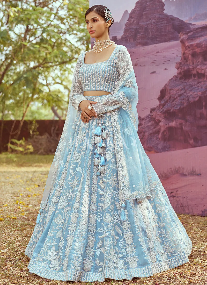 Mist Blue Traditional Embroidery Bridal Lehenga Choli