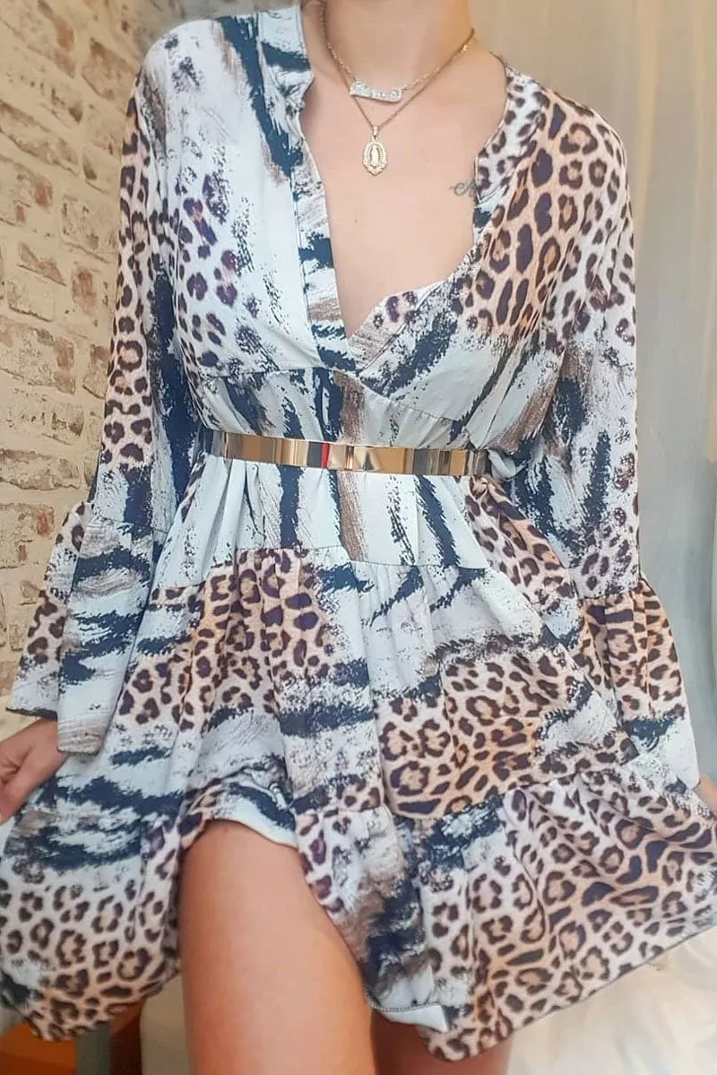 Mixed Animal Print Plunge Flute Sleeve Shift Dress - Olesya