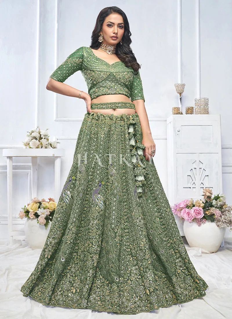 Moss Green Traditional Embroidery Bridal Lehenga Choli