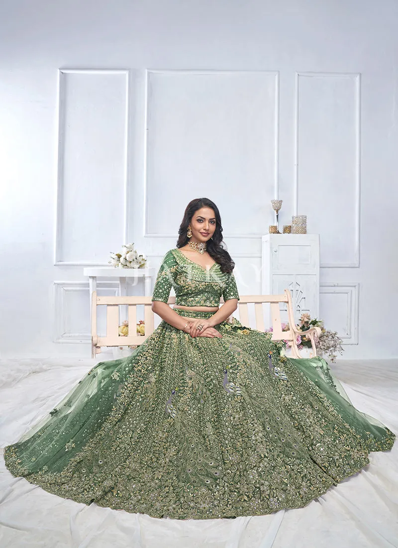 Moss Green Traditional Embroidery Bridal Lehenga Choli