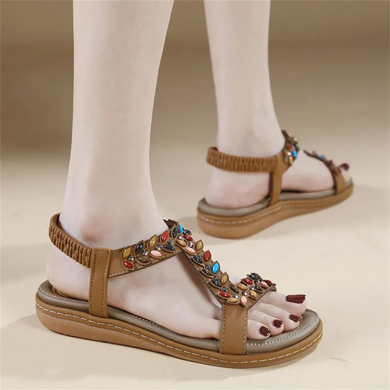 Multicolored Rhinestone Open Toe Beach Sandals for Women