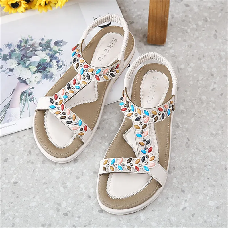 Multicolored Rhinestone Open Toe Beach Sandals for Women