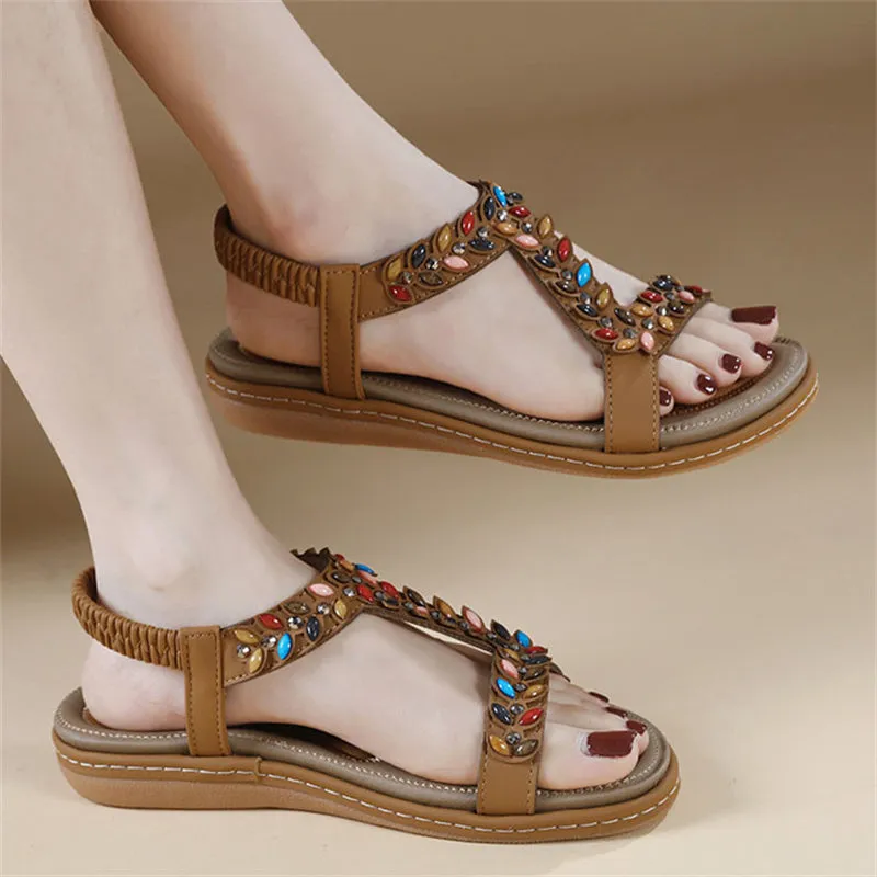 Multicolored Rhinestone Open Toe Beach Sandals for Women