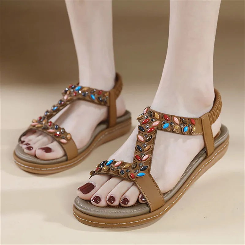 Multicolored Rhinestone Open Toe Beach Sandals for Women