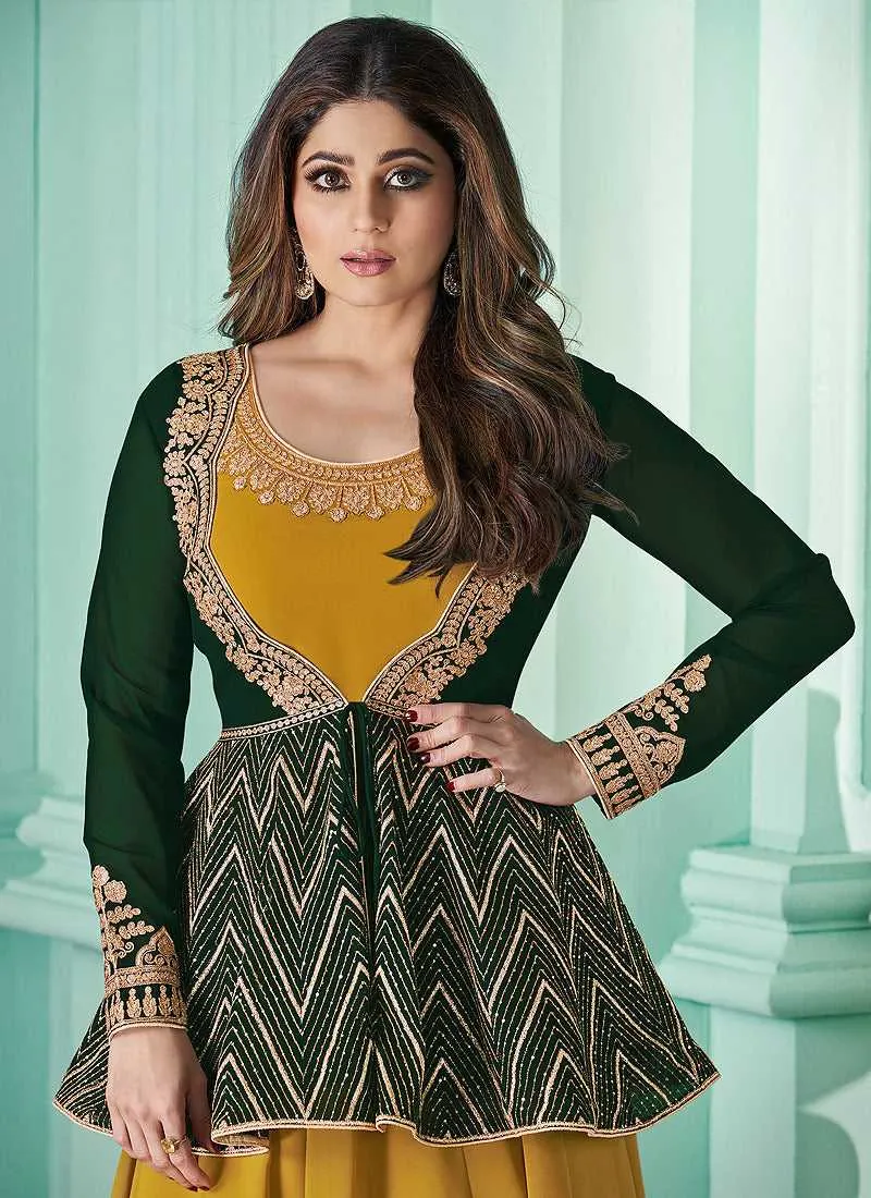 Mustard Heavy Embroidered Green Color Jacket Style Suit