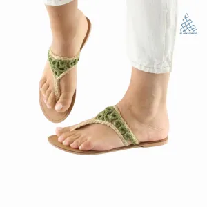 Natural Weave T-Strap Flats (Green)