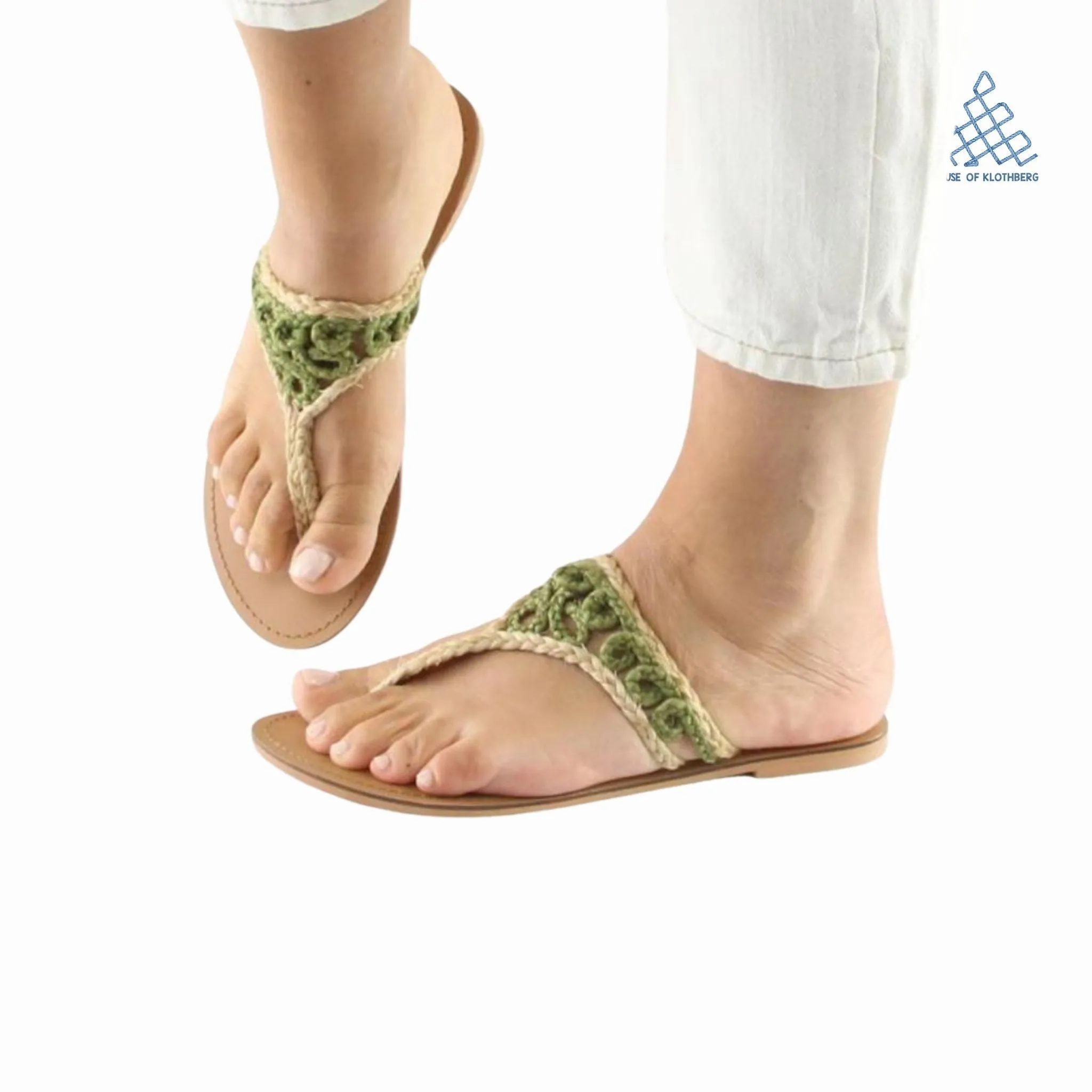 Natural Weave T-Strap Flats (Green)