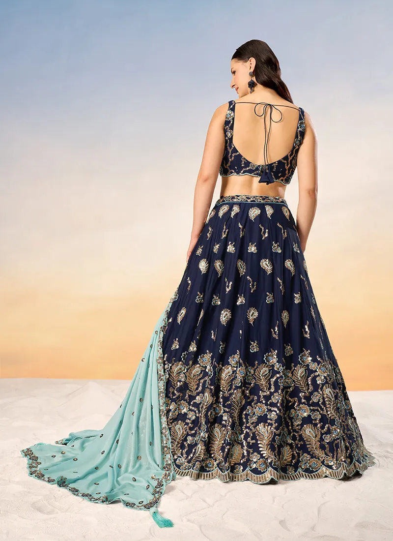 Navy Blue Bridal Embroidered Lehenga Choli