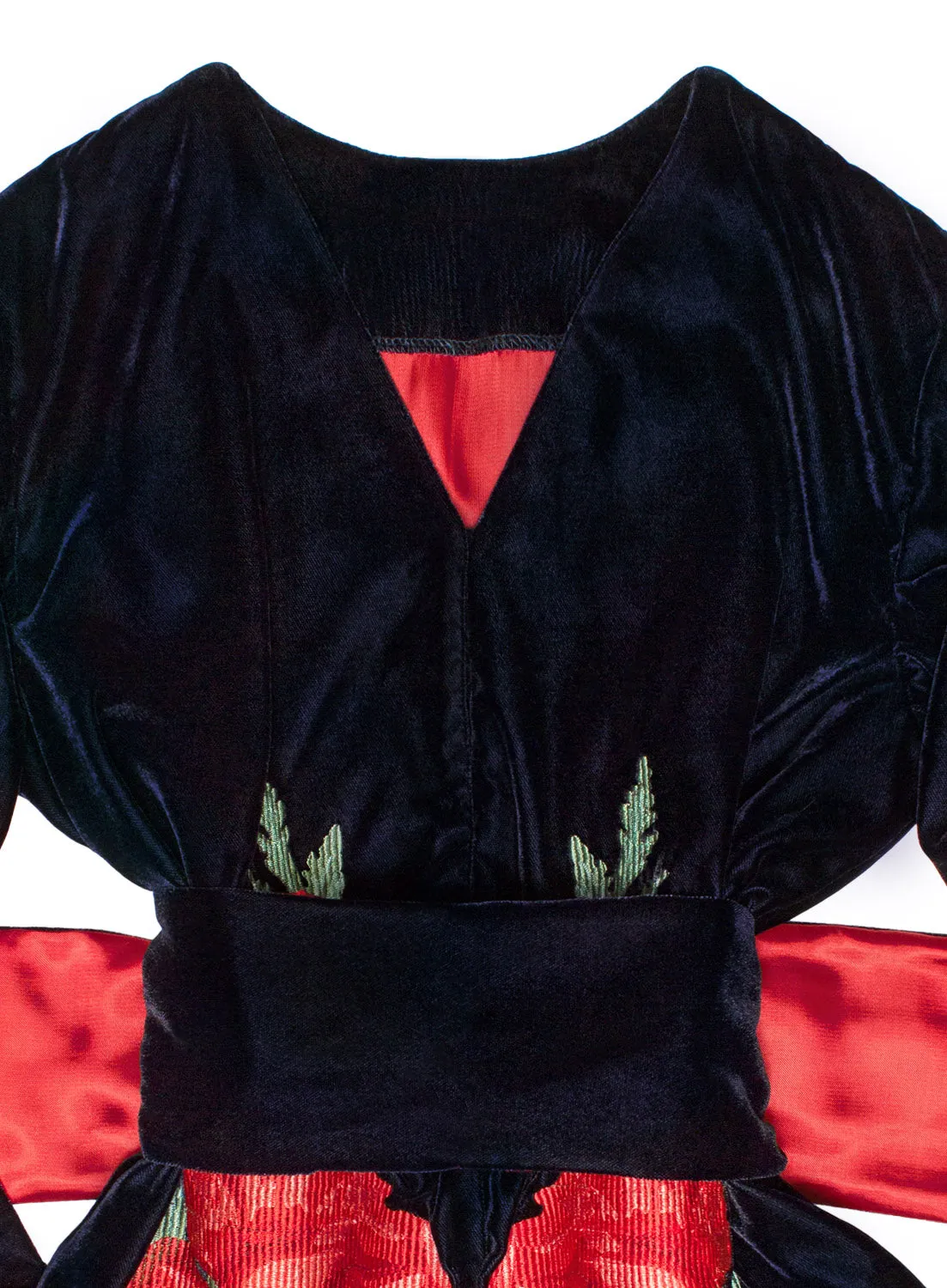 Navy Blue Velvet Kaftan with embroidered poppies