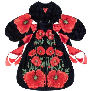 Navy Blue Velvet Kaftan with embroidered poppies