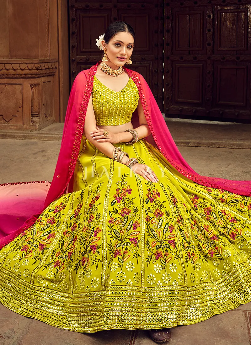 Neon Green Floral Embroidered Traditional Lehenga Choli
