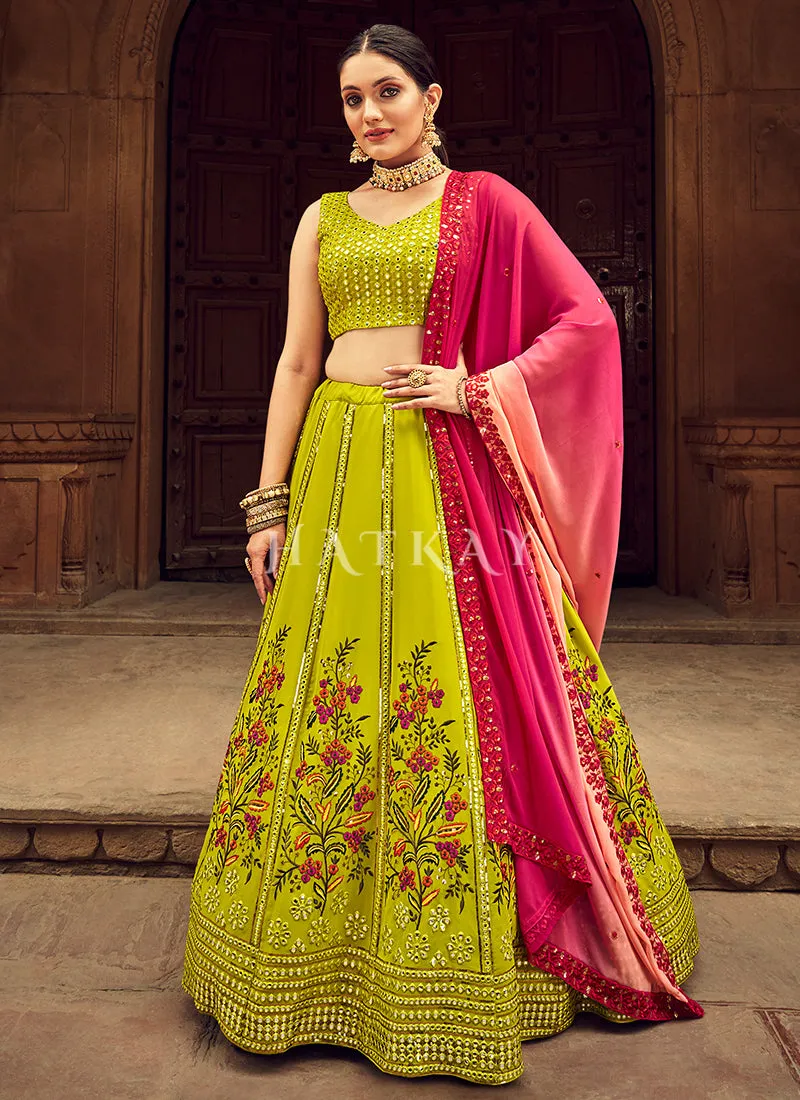 Neon Green Floral Embroidered Traditional Lehenga Choli