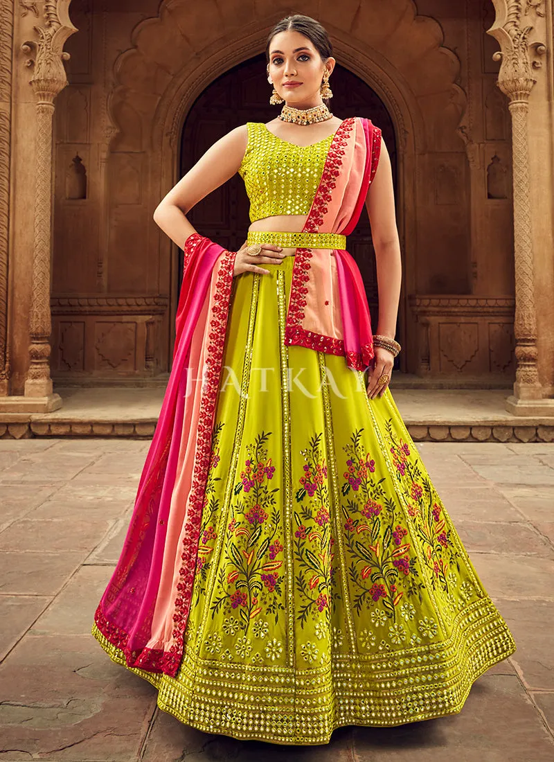 Neon Green Floral Embroidered Traditional Lehenga Choli