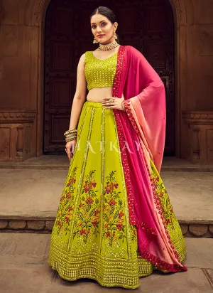 Neon Green Floral Embroidered Traditional Lehenga Choli