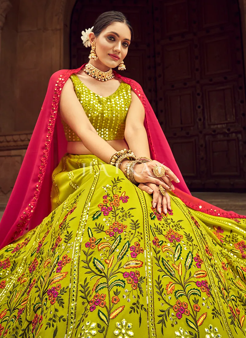 Neon Green Floral Embroidered Traditional Lehenga Choli