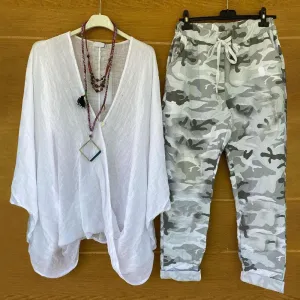 NEW Bovuf Camouflage Drawstring Cuffed Pants White Tunic 2-Piece Set, Sz L, Retails $102 