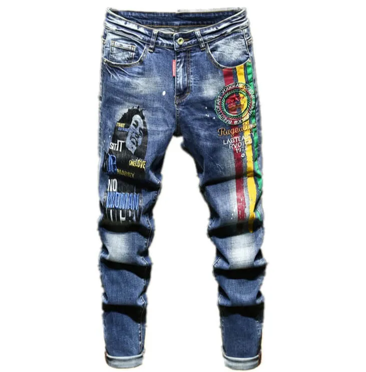 New Casual Embroidery Printed Men's Jeans Denim Straight Pants