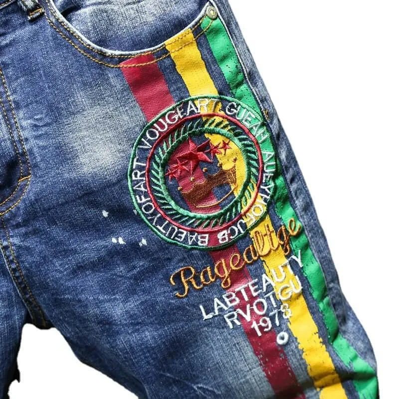 New Casual Embroidery Printed Men's Jeans Denim Straight Pants