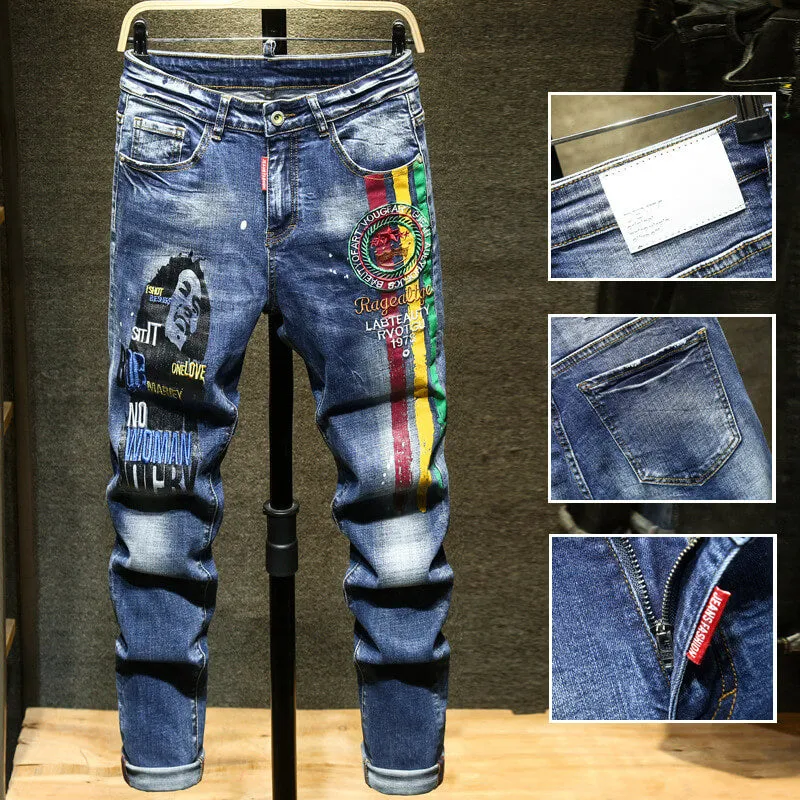 New Casual Embroidery Printed Men's Jeans Denim Straight Pants